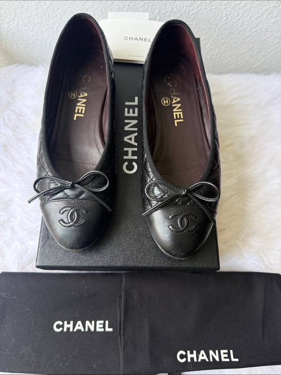 CHANEL Shoes - Authentic CHANEL Black Quilted Leather CC Cap-Toe Bow Ballet Flats